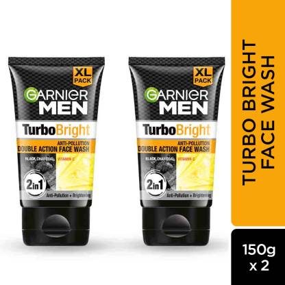 Garnier Men Turbo Bright Double Action,Anti Pollution with Charcoal and Vitamin C Face Wash