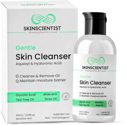 SKINSCIENTIST Gentle Cleanser for Men & Women with Glycolic Acid, Aloe Vera, Tea Tree & Rose Oil, PH Balanced | Dermatologist Tested Face Wash