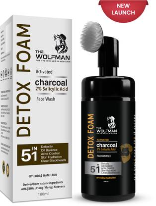 THE WOLFMAN Activated Charcoal, 2% Salicylic Acid Detox Foam  5 IN 1 Action, Detoxify, Oil Balance, Acne Control, Non Drying & Skin Brightening Formula For All Skin Types Face Wash