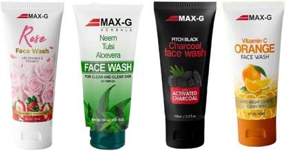 MAX-G Orange,Neem,Rose&Charcoal For Instant Brightness Glowing Skin (pack4) Face Wash