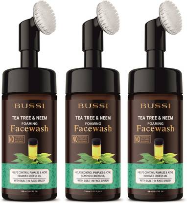 bussi Tea Tree & Neem Foaming With Built-In Deep Cleansing Brush For Men - With Aloe Vera & Neem Extracts, Reduces Acne & Pimples, Controls Excess Oil . Face Wash