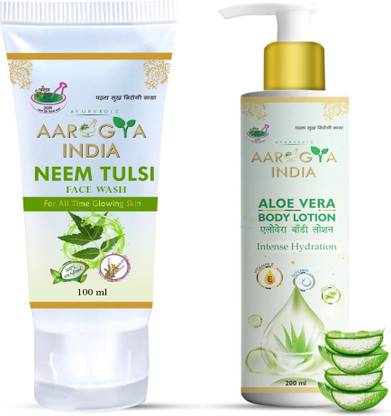 Aarogya India Ayurvedic Neem tulsi Facewash + Aloevera body Lotion for all skin type man and woman Tan removal & Skin brightening Combo Face Wash