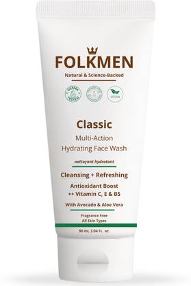 FolkMen Classic Multi-Action Hydrating  For All Skin Types With Avocado And Aloe Vera|Vitamin C, E & B5|100% Vegan, Soap & Fragrance Free|Gentle Cleanser|For Men Face Wash
