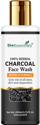 She Essentials Charcoal FaceWash with Vitamin C, Aloe Vera & Niacinamide to Removes Pollutants & Dirt, Toxins Skin, Tan Removal, Blackheads, Whiteheads, Dark Spots & Acnes - For Men & Women - SLS & Paraben Free Face Wash