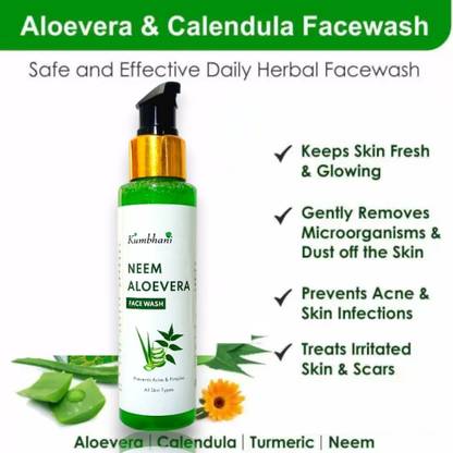Kumbhani Aloe Vera Neem Cleansing Gel for face and skin Reduces Dark Spots and Hydrates skin Wrinkles Sunburn Face Wash