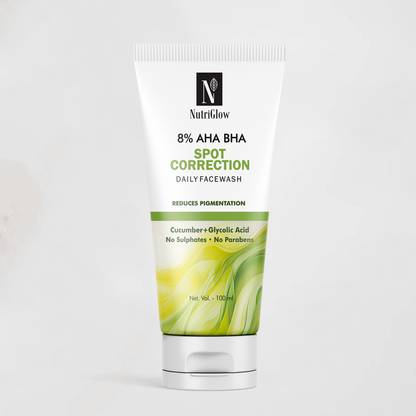NutriGlow 8% AHA BHA Spot Correction Daily , Gentle Exfoliating Formula with Cucumber, Glycolic Acid Face Wash