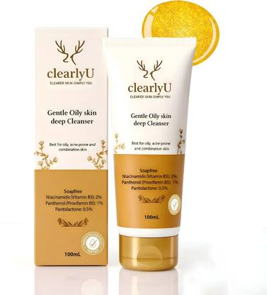 clearlyU Deep Cleanser for Oily Skin | Soap-Free pH-Balanced  with Niacinamide, Panthenol (B5) & Pantolactone | Acne-Prone, Sensitive Skin | Unisex | 100ml Face Wash