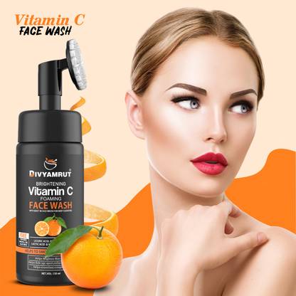 DIVYAMRUT SKIN SCIENCE Brightening Vitamin C Foaming with Built-In Face Brush for deep cleansing - No Parabens, Sulphate, Silicones & Color - 150 ml  Face Wash