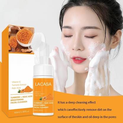 LACASA BEAUTY CARE Turmeric Kojic Acid Face Cleanser with Brush forDeep Cleansing, Brightening Scrub Foaming Face Wash