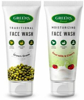 GREENS CONCEPT | Traditional Green Gram (120ml) + Goat Milk Moisturizing (120ml) - To Enhance Skin Tone, Daily Use (Pack of 2) Face Wash