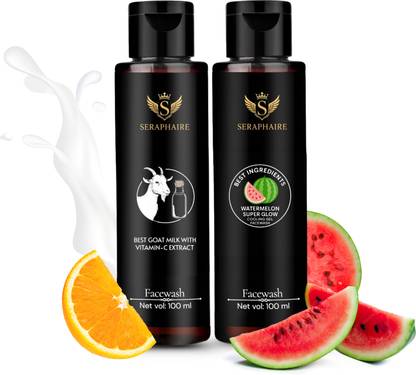 seraphaire Facewash Combo (100 ml x 2) | Goat Milk with Vitamin C Extract + Watermelon Cooling Gel with Aloe Vera | Gentle Cleansing, Brightening & Hydration | pH 5.5 Gel Facewash Face Wash