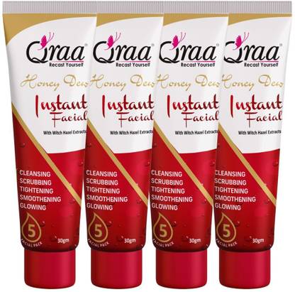 Qraa Honey Dew Instant Facial | Hazel Extracts | Pack of 4 |120Gm| 5Step Solution in Just One easy Step Face Wash