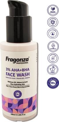 fragonza professional Facewash 3% AHA (Hyaluronic Acid+). BHA(Vitamin B3+ Betaine). Face Wash