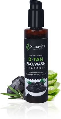 SANAVITA De-tan Facewash, for Fresh, Glowing Skin, with Activated Charcoal, Daily Exfoliating & Brightening Cleanser, Pollution Clear  Face Wash