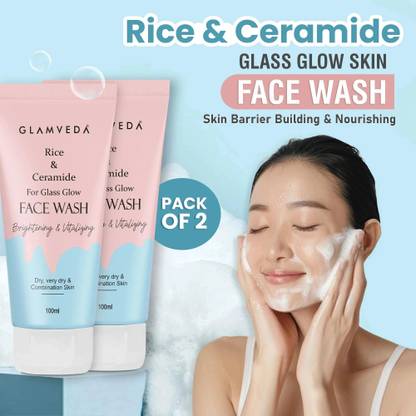 GLAMVEDA Rice Water & Ceramide Glass Skin SLS & Paraben Free Pack Of 2  Face Wash