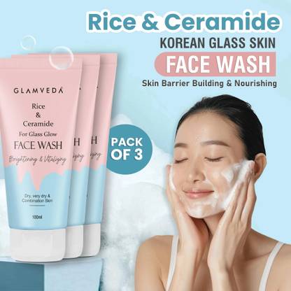 GLAMVEDA Rice Water & Ceramide Glass Skin SLS & Paraben Free ( Pack Of 3 ) Face Wash