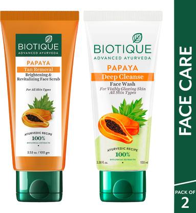 BIOTIQUE Face Care Combo Papaya Tan Removal Face Scrub & Papaya Deep Cleanse  Face Wash