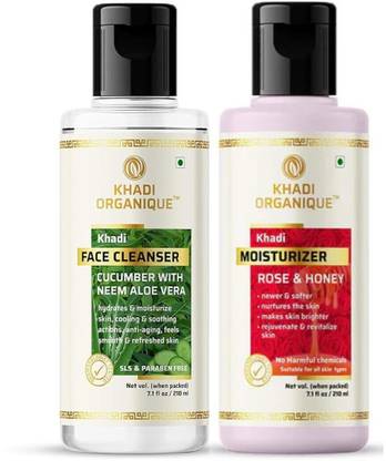 khadi ORGANIQUE Cucumber with Neem Aloe Vera Face Cleanser (210 ml) & Rose Honey Moisturizer (210 ml) Combo Nourishing Skincare Set for Hydration and Radiance Face Wash