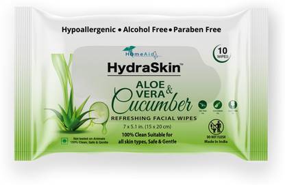 Home Aid HydraSkin Face Neck AloeVera & Cucumber wipes for Men & Women 10 Wipes Pack of 1