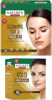 Nature's Essence Party Ready Glowing Gold Combo, Gold Facial Kit & Creme Bleach, Pack of 2
