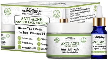 KEYA SETH AROMATHERAPY Anti Acne Powder Pack & Serum Facial Kit, Neem Tulsi Kaolin Tea Tree & Rosemary