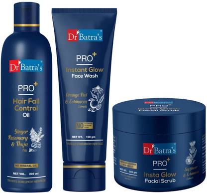 Dr Batra's PRO+ Hair Fall Control Oil -200ml, PRO+Instant Glow Face Wash-100 g and PRO+ Insta Glow Facial Scrub-250 g