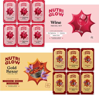 NutriGlow NATURAL'S Advance Pro Formula Wine & Gold Kesar Facial Kit For Radiance Shine, Youthfull Glow & Skin Cell Repair Kit - (60gm Each)