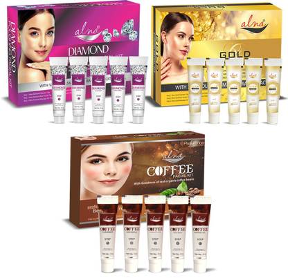 Alna Care Diamond Facial kit and Gold Facial kit with Coffee Facial kit | Facial kit Combo