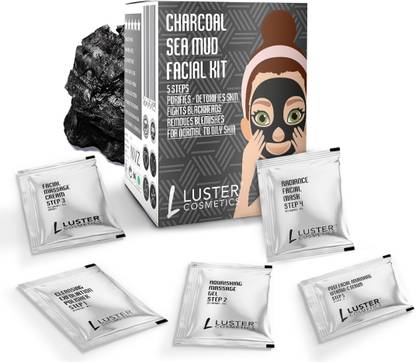 Luster Cosmetics Charcoal Sea Mud Facial Kit | Detoxifies Skin | Made With Activated Carbon & Green Tea Extracts | Single Use Facial Kit | For Women & Men | Paraben & Sulfate Free
