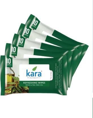 KARA Face Wipes Cleansing & Hydrating Refreshing Neem & Tea Tree, 10 Wipes Pack of 5