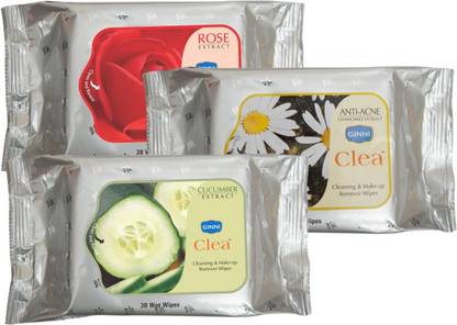 GINNI Refreshing Facial Wet Wipes-Rose, Antiacne,Cucumber (pack of 3)(30 wipes per pack)