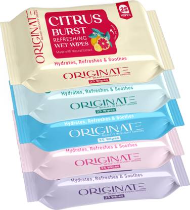 ORIGINATE Assorted Refreshing Wet Wipes for Easy Makeup & Excess Oil Removal - Pack of 5