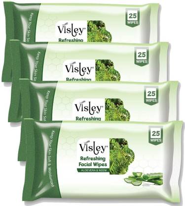 Visley Pack of 4 Face Wet Wipes Cleansing &Refreshing With Aloe Vera &Neem(100 Tissues)