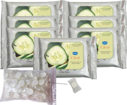GINNI Clea Cleansing and Make-up Remover Wet Wipes (Cucumber)(pack of 7)(10 wipes per pack) with Coin Tissues (50 pcs) Candy Pack
