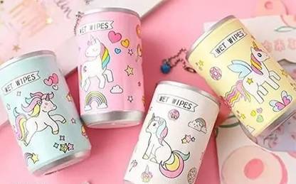 PKM Combo of 2 Unicorn Print Wet Wipes Mini Tin with 1 Paper Soap Bottle