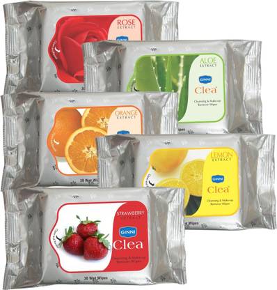 GINNI Cleansing & Refreshing Facial Wipes (Rose,Aloevera,Orange,Strawberry,lemon) (pack of 5) (30 wipes per pack)