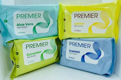 Premier 100 WET WIPES (ALOEVERA, CUCUMBER, LEMON, ICEMINT) 25 WIPES EACH