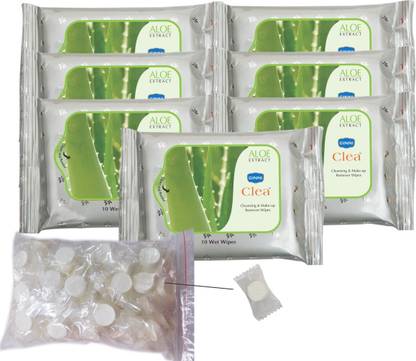 GINNI Clea Cleansing and Make-up Remover Wet Wipes (Aloevera)(pack of 7)(10 wipes per pack) with Coin Tissues (50 pcs) Candy Pack