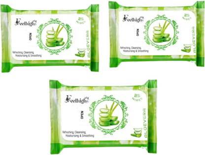 feelhigh Aloevera Daily Cleansing Facial Wipes 25 Each- Makeup Remover Refreshing Wipes