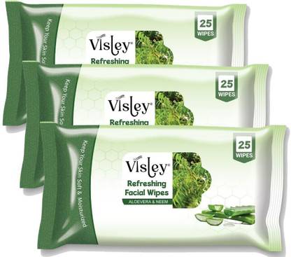 Visley Pack of 3 Face Wet Wipes Cleansing & Refreshing With Aloe Vera &Neem(75 Tissues)