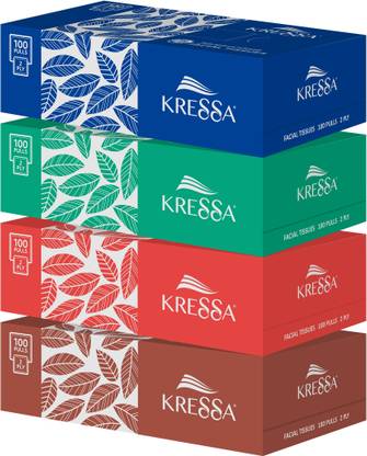 KRESSA 2 Ply Facial Tissue Box 4 Boxes 100 Pulls Per Box 100% Natural Virgin Paper,