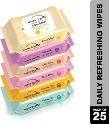 Sceptre Organics Refreshing Facial wet wipes with 6 different fragrances, Gentle & Hydrating