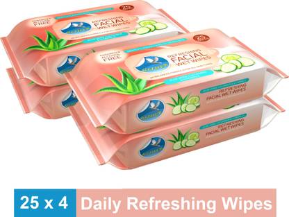 GLIDER Facial Wipes Enriched with Aloe Vera,Cucumber & Vitamin E |Pack of 4 | 100 Wipes