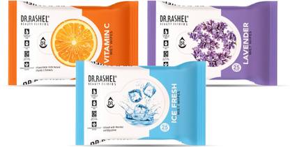 DR.RASHEL Face Wipes, Boosts Skin Oxygen, Clear Dirt, Remove Makeup, Gives Fresh and Glowing Skin. Vitamin C, Ice Fresh, Lavender Pack of 3.