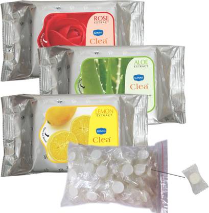 GINNI Clea Cleansing and Make-up Remover Wet Wipes (Rose, Aloevera, Lemon)(30 wipes per pack) with Coin Tissues (50 pcs) Candy Pack
