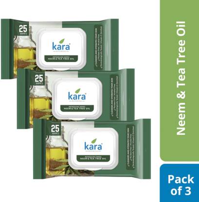 KARA Face Wipes Cleansing & Hydrating Refreshing Neem & Tea Tree, 25 Wipes Pack of 3