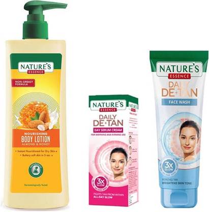 Nature's Essence NOURISHING BODY LOTION ALMOND & HONEY 400ML (310MRP)+ DE-TAN SERUM CREAM 30ML (50MRP)+ DE-TAN F.W. 100ML(120MRP)