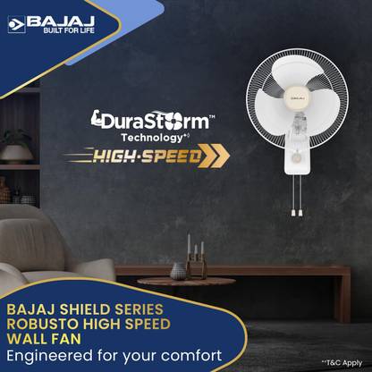 BAJAJ Robusto 400MM Oscillating Wall Fan white with 36 Months Warranty Silent Operation 400 mm Wall Fan