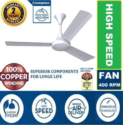 Crompton SUREBREEZE 400 RPM ULTRA HIGH SPEED 100% COPPER MOTOR DOUBLE BALL BEARING with 24 Months Warranty Ultra High Speed 1200 mm Ceiling Fan