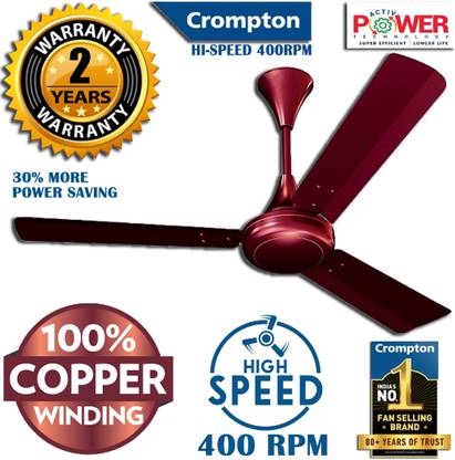 Crompton SUREBREEZE 400 RPM HS Plus Super HIGH SPEED 100% COPPER MOTOR LONGER LIFE 104 with 24 Months Warranty Energy Saving 1200 mm Ceiling Fan